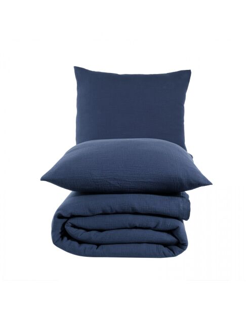 Parure housse de couette avec 2 taies d'oreiller gaze de coton bleu marine