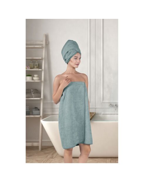 Sarong- und Haartuch-Set aus Baumwolle in Seladongrün — 70 x 145 cm