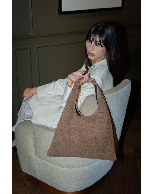 Bandolera Lennox de terciopelo taupe - 34x30x2 cm