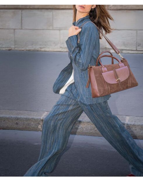 Sac à main en cuir velours Rye moka - 36,5x28,5x13 cm