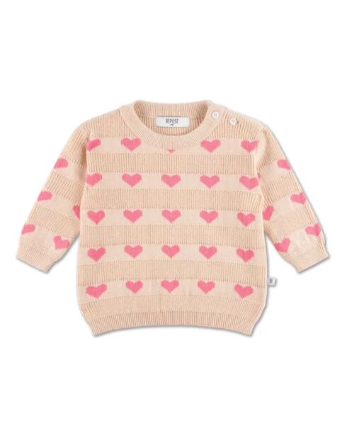 Beige katoenen trui met ronde hals en hartjes