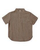 Braunes Gingham-Leinenhemd mit kurzen Ärmeln