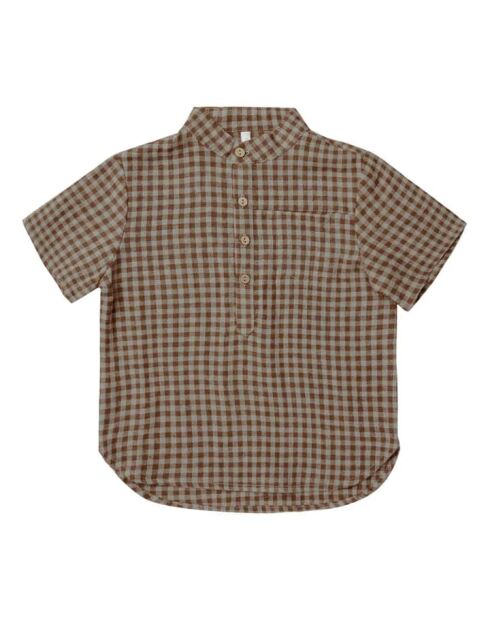 Braunes Gingham-Leinenhemd mit kurzen Ärmeln