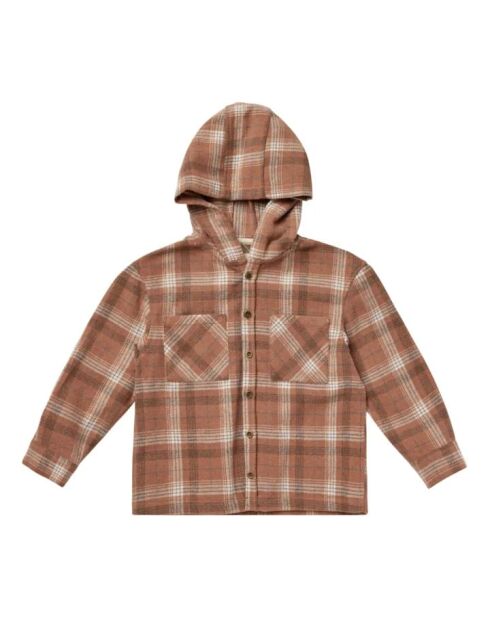Sovracamicia in cotone a maniche lunghe con cappuccio in flanella scozzese marrone
