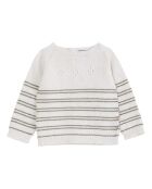 Ecru gestreifter Rundhalspullover aus Merino und Cashmere