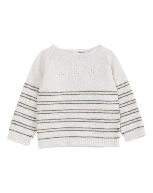 Ecru gestreifter Rundhalspullover aus Merino und Cashmere