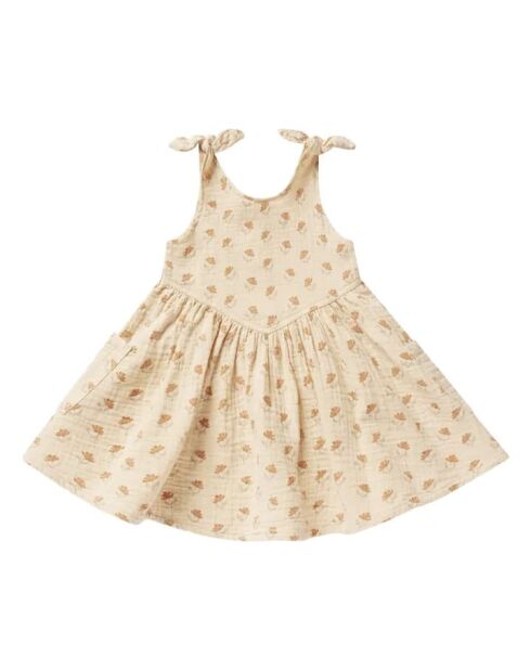 Beige korte zomerjurk van katoen met bloemenprint