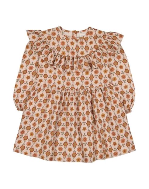 Odette camelkleurige korte katoenen jurk met bloemenprint