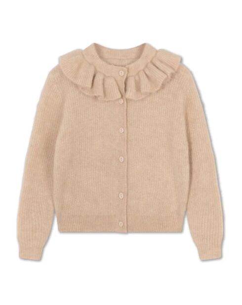 Cardigan beige in lana con volant