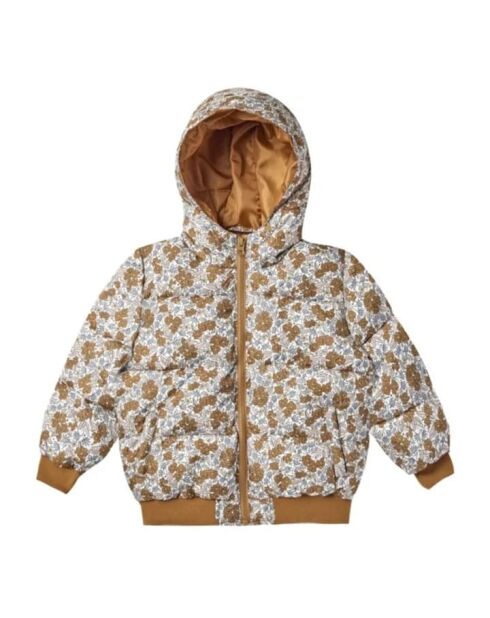 Kamelfarbene Daunenjacke mit Blumenmuster
