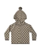 Cardigan con cappuccio in tartan grigio con nappine