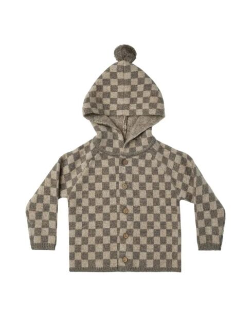 Cardigan con cappuccio in tartan grigio con nappine