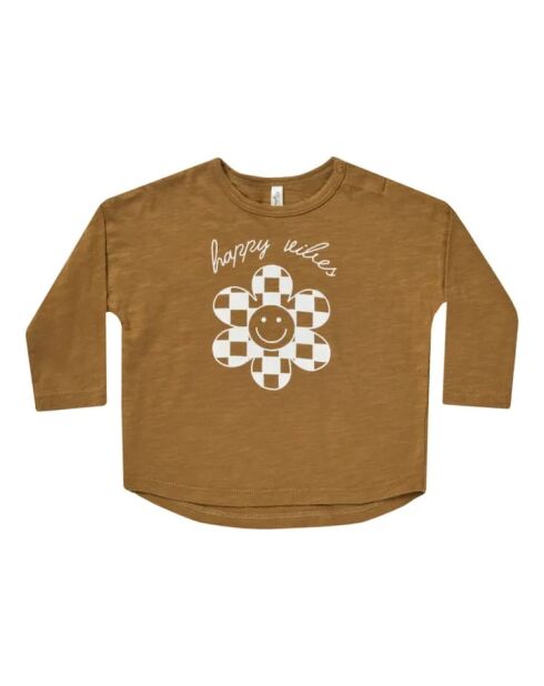 T-shirt in cotone a manica lunga Happy Vibes ocra