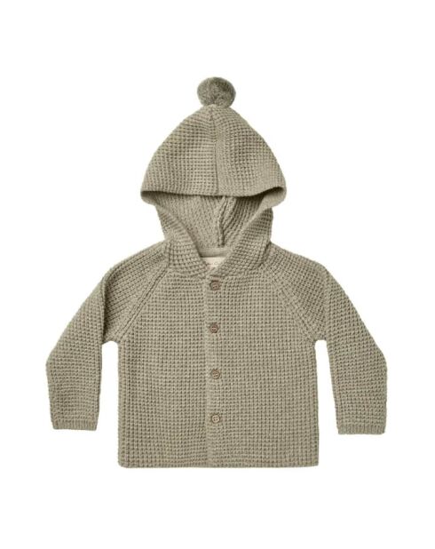 Cardigan con cappuccio con nappine a nido d'ape color salvia