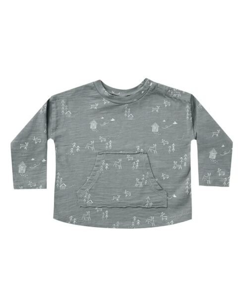 T-shirt in cotone a manica lunga in legno grigio blu