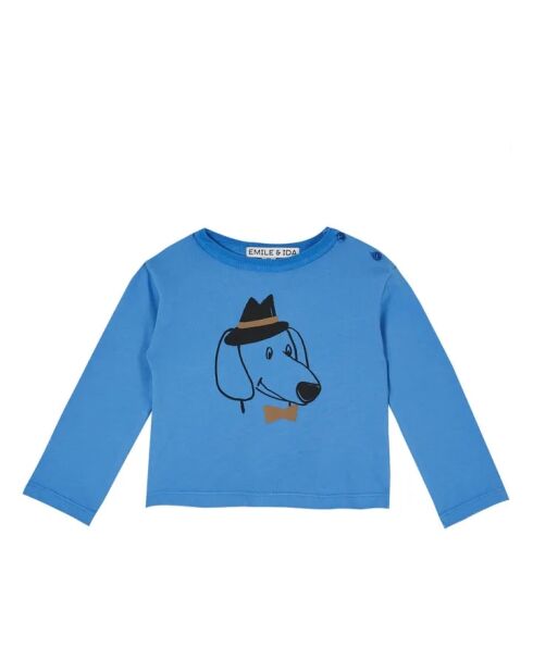 T-shirt blu in cotone a manica lunga con cane