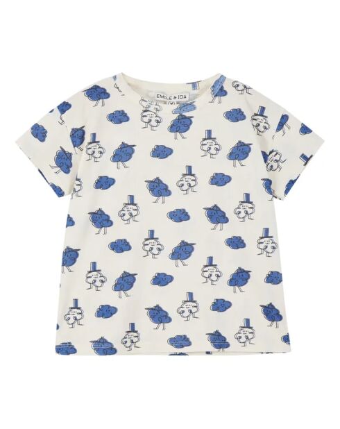 T-shirt in cotone a manica corta con nuvole ecru