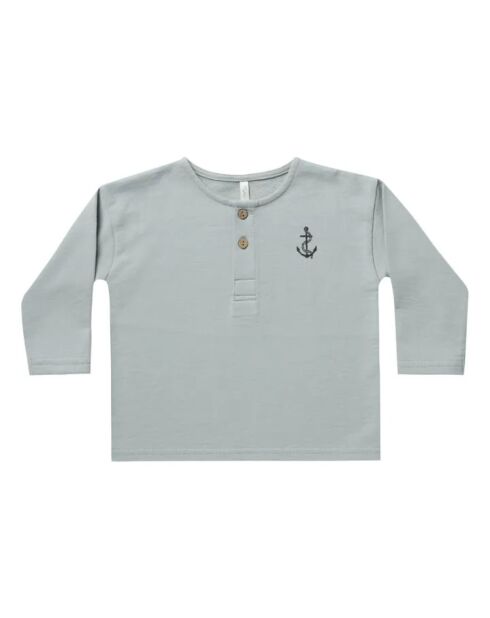Henley blaues Baumwoll-Sweatshirt mit Rundhalsausschnitt