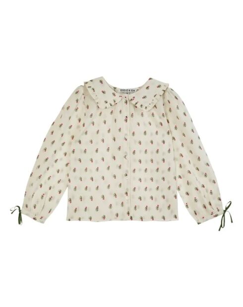 Blusa ecru in cotone a maniche lunghe con colletto a volant floreale
