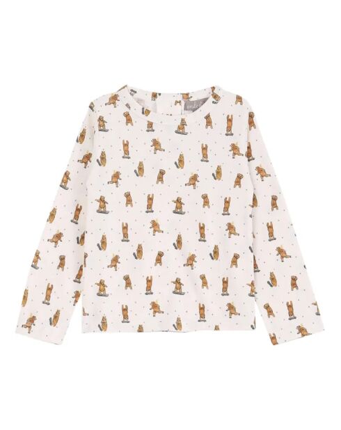 T-shirt ecru in cotone a manica lunga con orsetto
