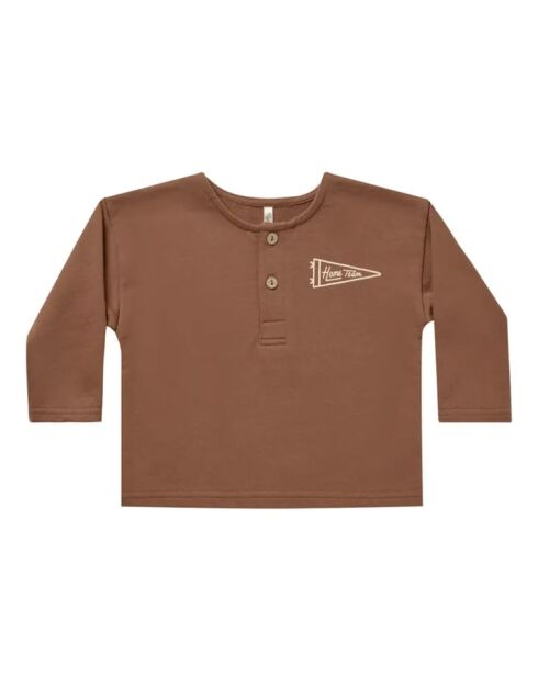Braunes Langarm-T-Shirt aus Baumwolle mit Henley-Motiv