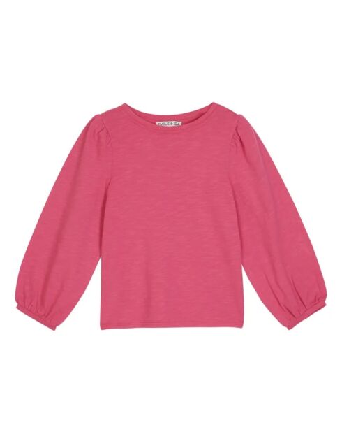 T-shirt in cotone a maniche lunghe con maniche a palloncino rosa fucsia
