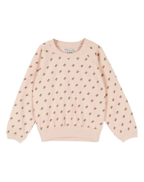 Blassrosa Baumwoll-Sweatshirt mit Blumenmuster und Rundhalsausschnitt