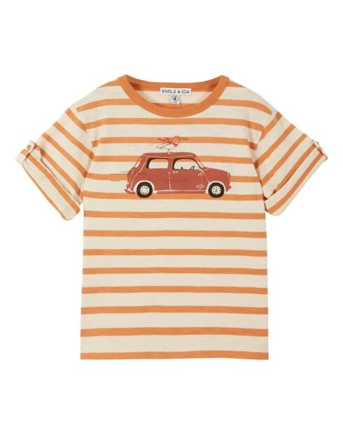 T-shirt in cotone a maniche lunghe con auto a righe arancioni