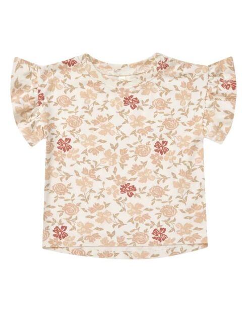 T-shirt in cotone a maniche corte a fiori écru