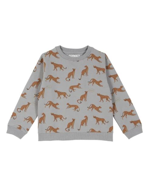 Graues Baumwoll-Sweatshirt mit Rundhalsausschnitt und Leopardenmuster