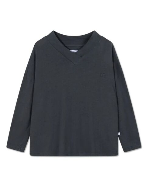 T-shirt in cotone a manica lunga con scollo a V grigio antracite