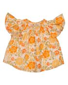 Blusa in cotone a maniche corte con fiori in lurex arancio sole