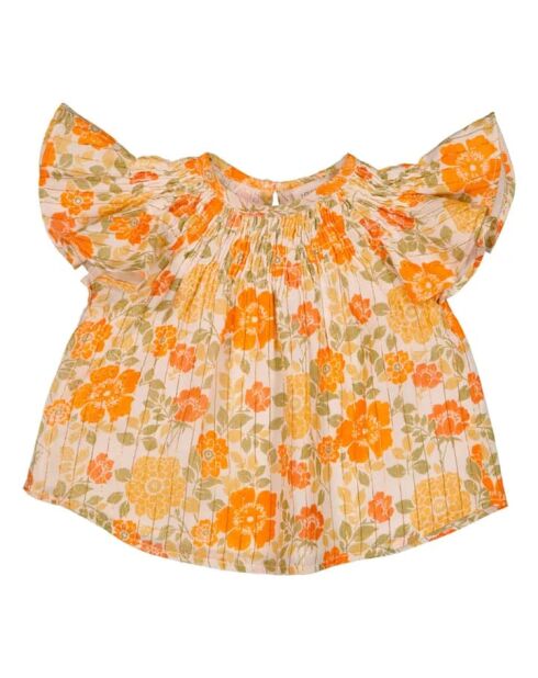 Blusa in cotone a maniche corte con fiori in lurex arancio sole