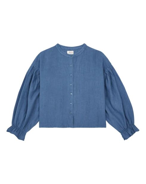Blusa blu in lino a manica lunga