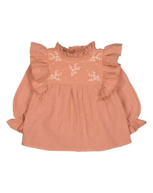 Blusa rosa in cotone a maniche lunghe ricamata Amandette