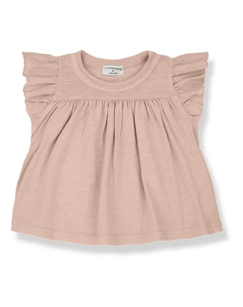 Blusa Ariadna rosa a maniche corte in cotone con volant
