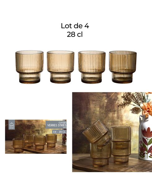 Lot de 4 verres striés ambre jaune - 28 cl