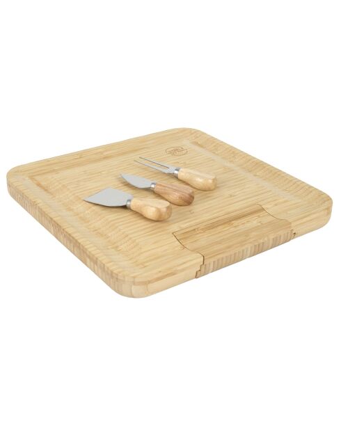 Tabla de aperitivos de bambú con cajón para cuchillos de queso integral, 33 x 3 x 33 cm