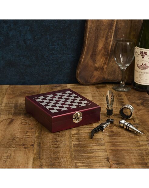 Coffret vin 4 pièces avec échiquier marron - 16.7 x 4.5 x 14.7 cm