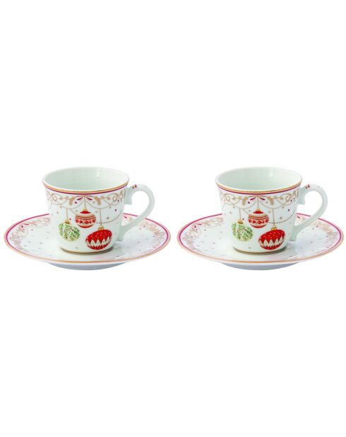 Set de 2 tazas de café de porcelana multicolor para Nochebuena con platillo, 80 ml