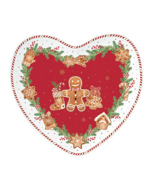 Plato de porcelana multicolor elegante con forma de corazón de pan de jengibre, 20 x 19 x 3 cm