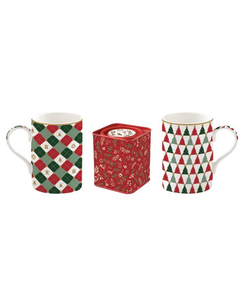 Elegante juego de té navideño con 2 tazas de porcelana y caja de metal multicolor, 350 ml
