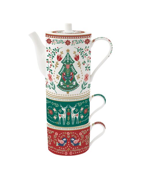Juego de 3 juegos de té de porcelana Christmas Folk multicolores, 11,5 x 9 x 12 cm