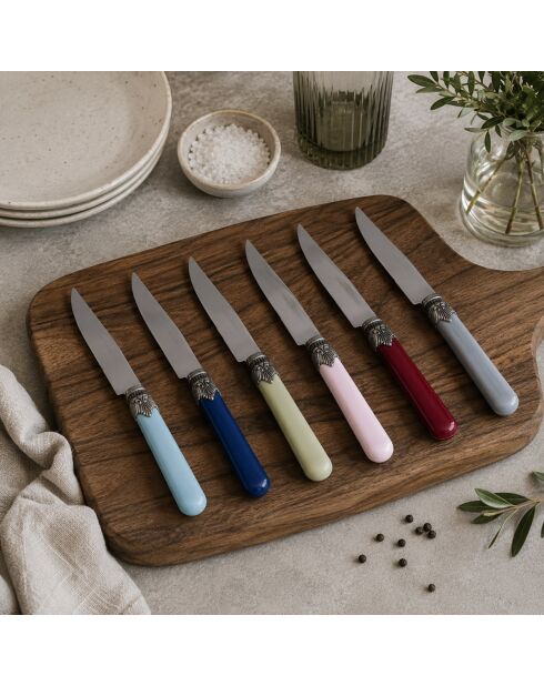 Juego de 6 cuchillos clásicos de acero inoxidable azul para carne, 26 x 5,8 x 7 cm