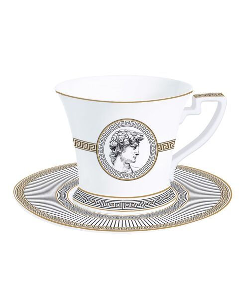 Taza y platillo de desayuno de porcelana blanca con paladio, 350 ml