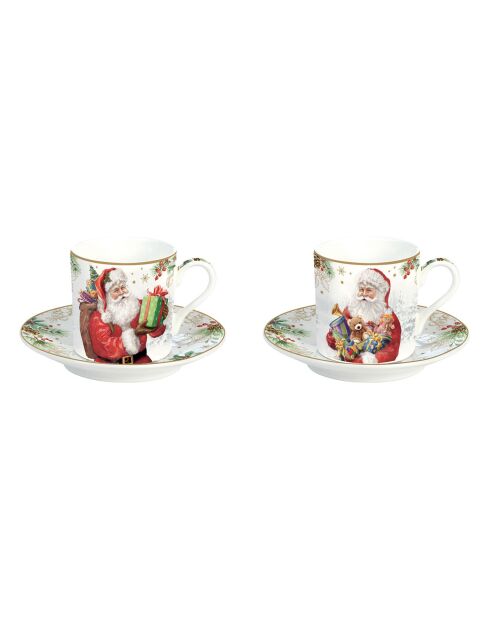 Juego de 2 tazas de café de porcelana multicolor con platillo de Santa Is Coming, 75 ml