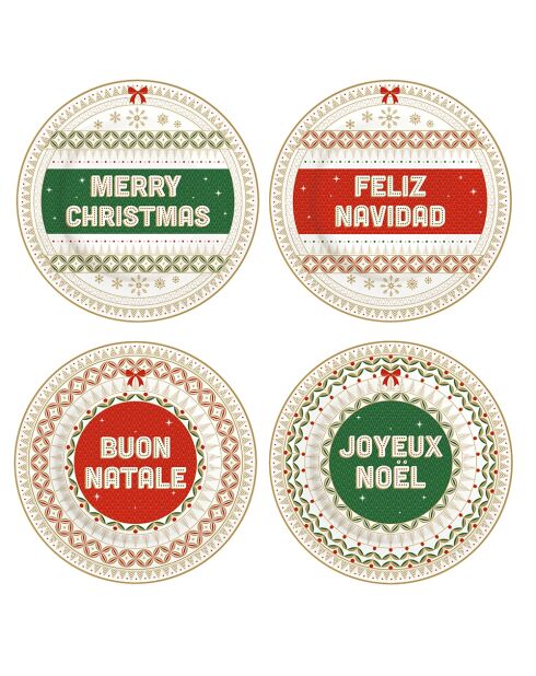 Juego de 4 platos de postre de porcelana multicolor Enjoy Your Christmas, 19 x 19 x 1,5 cm