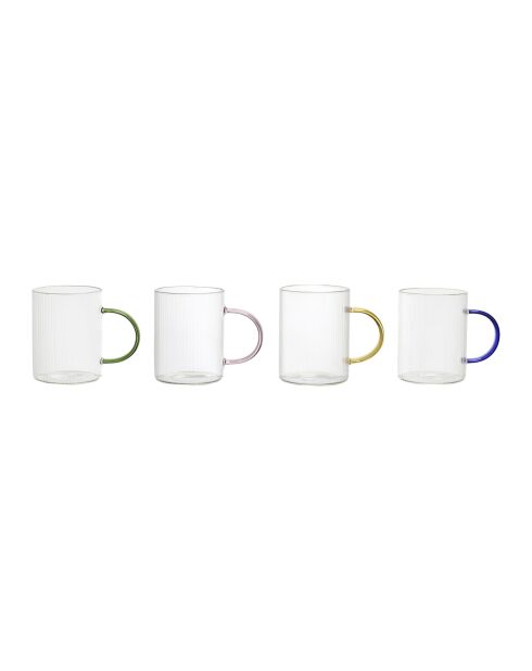 Set de 4 tazas de vidrio estriado con asas multicolores - 23 cl