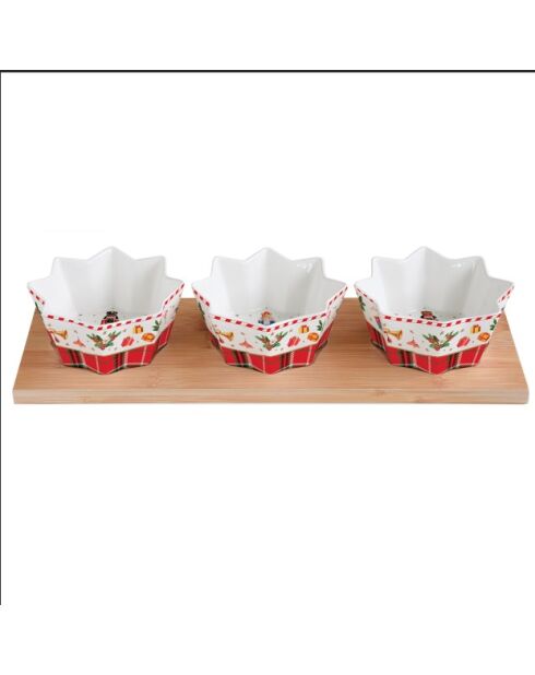 Servicio de aperitivos con 3 cuencos de porcelana y bandeja vintage multicolor con forma de cascanueces, 34 x 12 x 2 cm