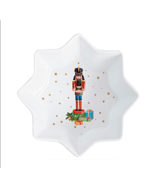 Servicio de aperitivos con 3 cuencos de porcelana y bandeja vintage multicolor con forma de cascanueces, 34 x 12 x 2 cm